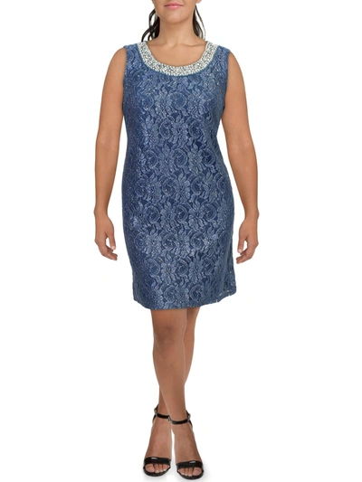 R & M Richards Womens Lace Glitter Shift Dress In Blue