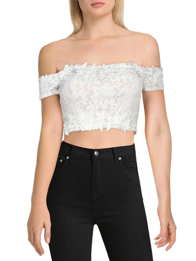 SEQUIN HEARTS JUNIORS WOMENS LACE OFF-THE-SHOULDER CROP TOP