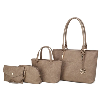Mkf Collection By Mia K Edelyn Embossed M Signature 4 Pcs Tote Set In Beige