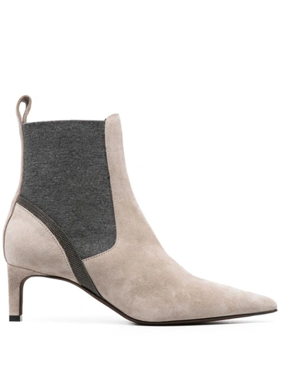 Brunello Cucinelli Embellished Suede Ankle Boots In Grey