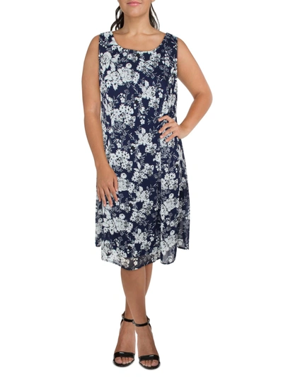 Connected Apparel Plus Womens Chiffon Printed Shift Dress In Blue
