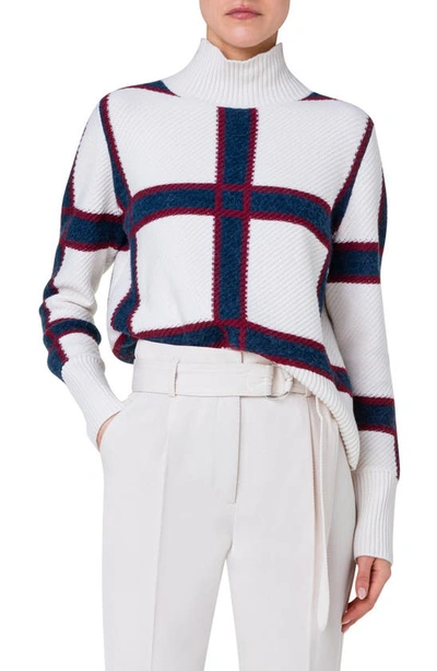 Akris Punto Wool-cashmere Check Intarsia Mock-neck Sweater In Garnet-navy-cream