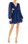 Mac Duggal V Neck Corset Back Long Puff Sleeve Ruffle Dress In Blue