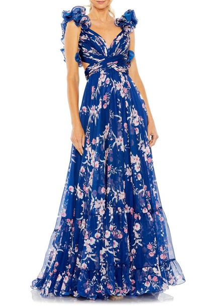 Ieena For Mac Duggal Ruffle Tiered Floral Cut-out Chiffon Gown In Blue Multi