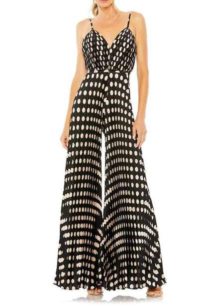 IEENA FOR MAC DUGGAL PLEATED V-NECK POLKA DOT JUMPSUIT