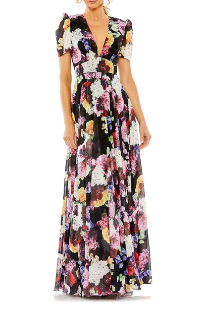 Ieena For Mac Duggal Floral Short Sleeve Pleated Gown In Black Multi