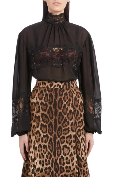 Dolce & Gabbana Georgette Silk Top With Lace Details In Black