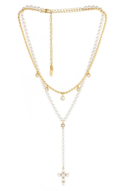 Ettika Pearl Cross Drop Lariat 18k Gold Plated Necklace Set