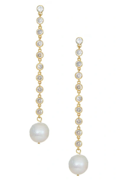 Ettika Cubic Zirconia Chain Freshwater Pearl Drop 18k Gold Plated Earrings In White/gold
