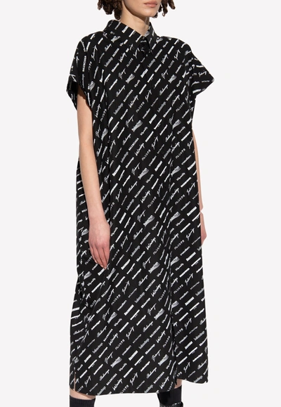 Balenciaga All-over Logo Midi Shirt Dress In Black