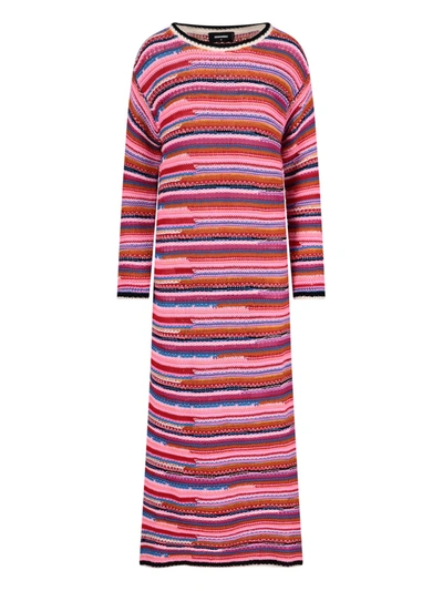 Dsquared2 Long Multi-coloured Striped Knitted Dress In Pink
