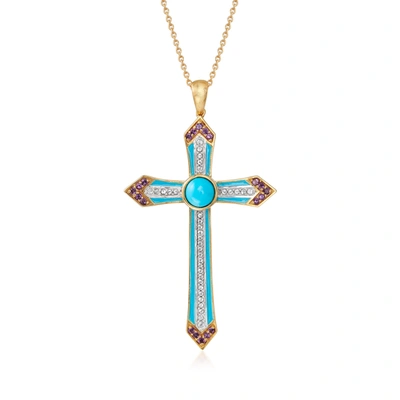Ross-simons Turquoise, Amethyst And . White Topaz Cross Pendant Necklace With Enamel In 18kt Gold Over Sterling In Blue