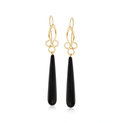 Ross-simons Long Teardrop Black Onyx Drop Earrings In 14kt Yellow Gold