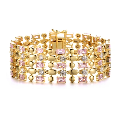 Rachel Glauber Rg 14k Yellow Gold Plated Pink Morganite & Cubic Zirconia Wide Geometric Mesh Link Bracelet In Silver