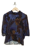 T Tahari Floral Print Ruffle Neck Peplum Crop Top In Black Brown Blue Retro Floral