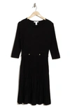 London Times Long Sleeve Pleated Flare Skirt Dress In Black