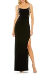 Mac Duggal Embellished Ruched Open Back Column Gown In Black