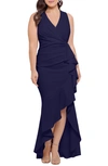 Betsy & Adam Plus Size Sleeveless Ruffled High-low Gown In Navy