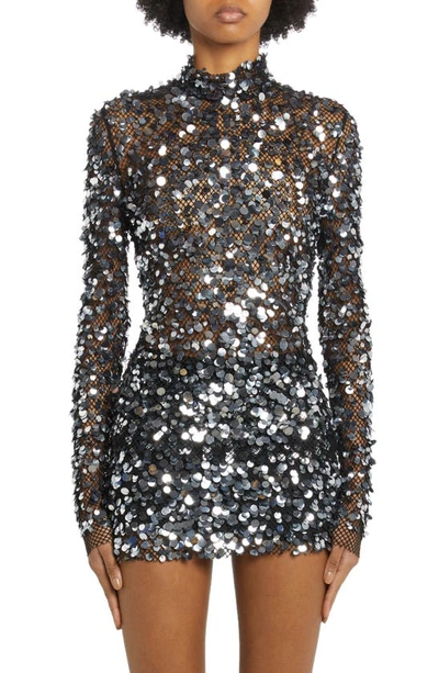 Tom Ford Sequin Embellished Mesh Mock Neck Top In Silver/ Gun Metal