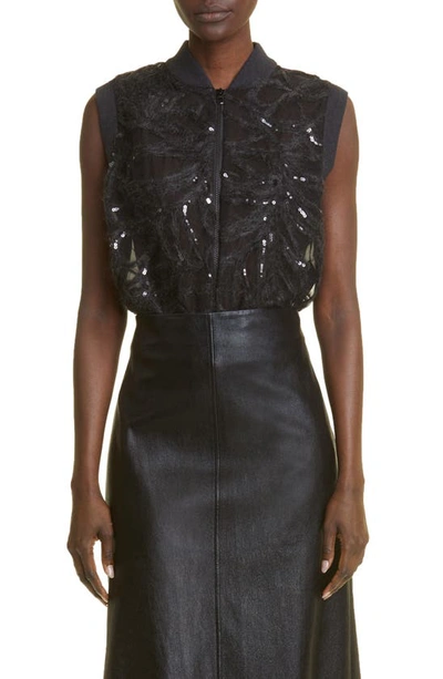 Brunello Cucinelli Cripsy Silk Vest With Embroidered Ramage Paillette Detail In C101 Black