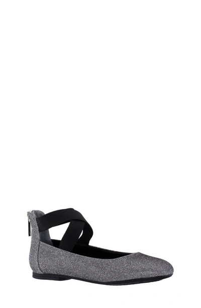 Nina Kids' Marissa Cross Strap Flat In Black Silver Sparkle Fabric