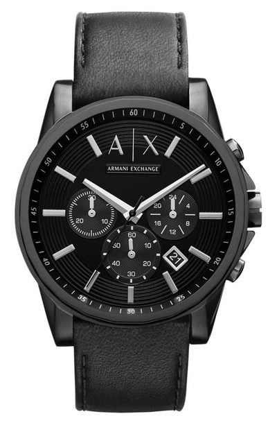 Armani Exchange Chronograph Leather Strap Watch In Black