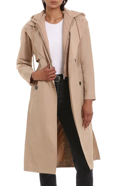 Avec Les Filles Hooded Belted Water Resistant Rain Coat In Khaki