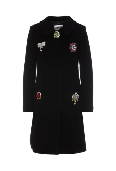 Moschino Jewelled Single-breasted Coat In Black
