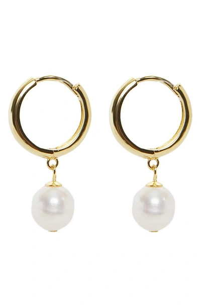 Argento Vivo Sterling Silver Freshwater Pearl Drop Huggie Hoop Earrings In Gold