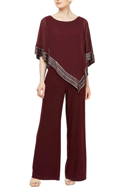 Sl Fashions Foil Trim Asymmetric Popover Capelet Jumpsuit In Fig