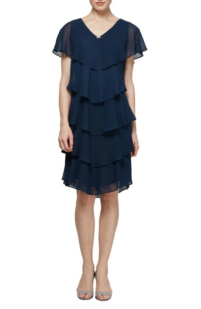 Slny Georgette Tiered Chiffon Dress In Navy