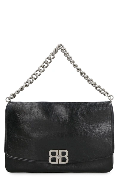 Balenciaga Large Flap Leather Shoulder Bag In Black