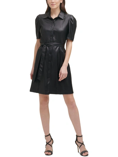 Dkny Womens Faux Leather Knee Shirtdress In Black