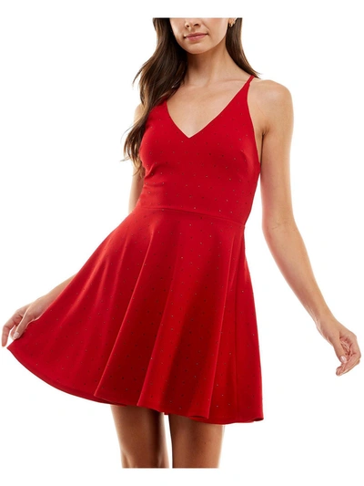 City Studio Juniors Womens V-neck Mini Fit & Flare Dress In Red