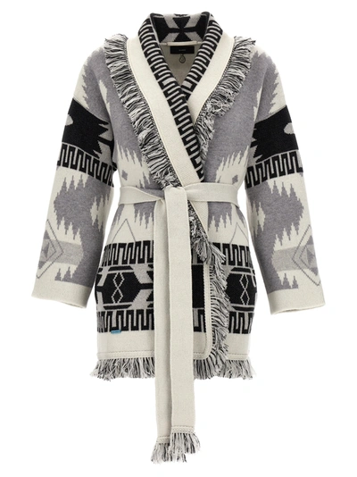 Alanui Icon Jacquard Belted Fringed Cardigan In Gray