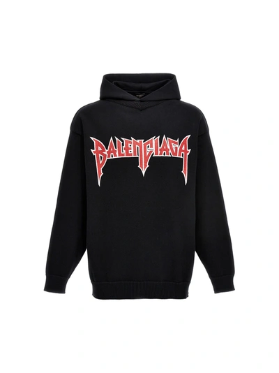 Balenciaga Logo Print Hooded Sweater In Black