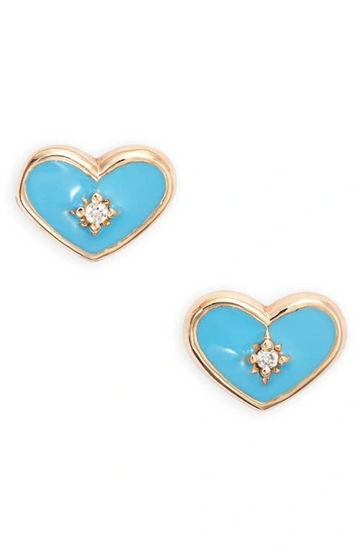 Anzie Enamel & Diamond Heart Stud Earrings In Blue
