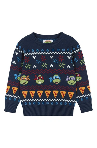 Andy & Evan X Teenage Mutant Ninja Turtles Jacquard Holiday Sweater In Navy Turtles