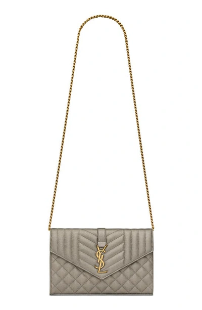 Saint Laurent Quilted Leather Envelope Wallet On A Chain In Brun Metallise