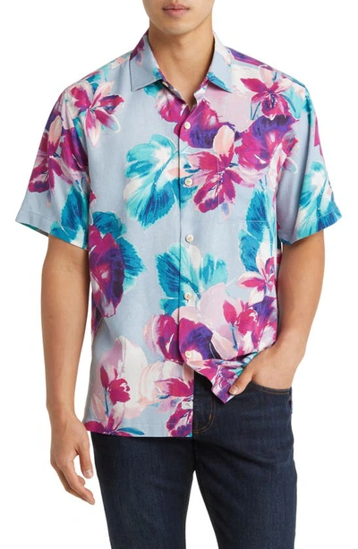 Tommy Bahama La Esmerala Floral Silk Camp Shirt In Silvery Blue