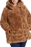 Gallery Hooded Faux Fur Coat In Camel
