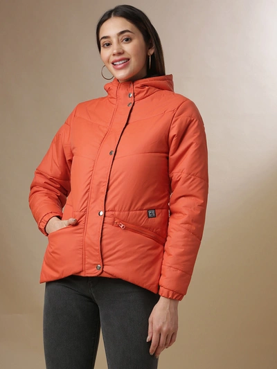 Campus Sutra Women Solid Stylish Casual Bomber Jacket In Orange