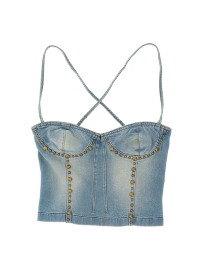 Blumarine Stud-embellished Stretch-denim Corset Top In Blue