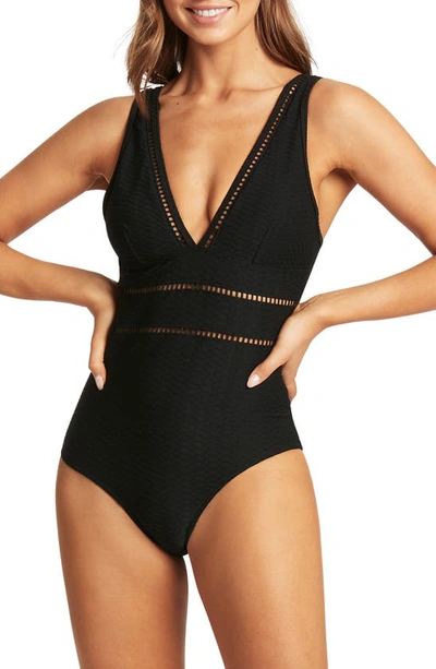 Sea Level Spliced One-piece Swimsuit In Black