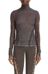 Acne Studios Denise High-neck Abstract-pattern Mesh Top In Dark Brown/ Beige