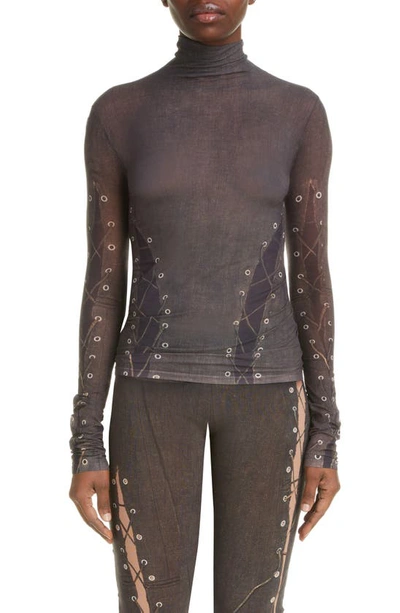 Acne Studios Denise High-neck Abstract-pattern Mesh Top In Dark Brown