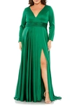 Fabulouss By Mac Duggal Long Sleeve V-neck A-line Gown In Emerald