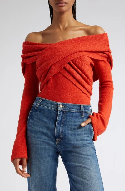 Cult Gaia Akari Off The Shoulder Wrap Knit Top In Madeira Melange