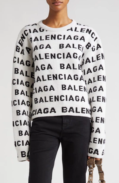 Balenciaga Allover Logo Crop Wool Blend Jumper In White/black