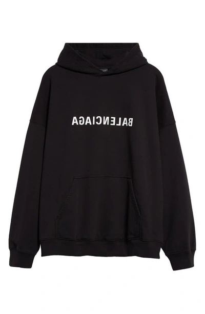 Balenciaga Mirror Logo Oversize Cotton Hoodie In Black